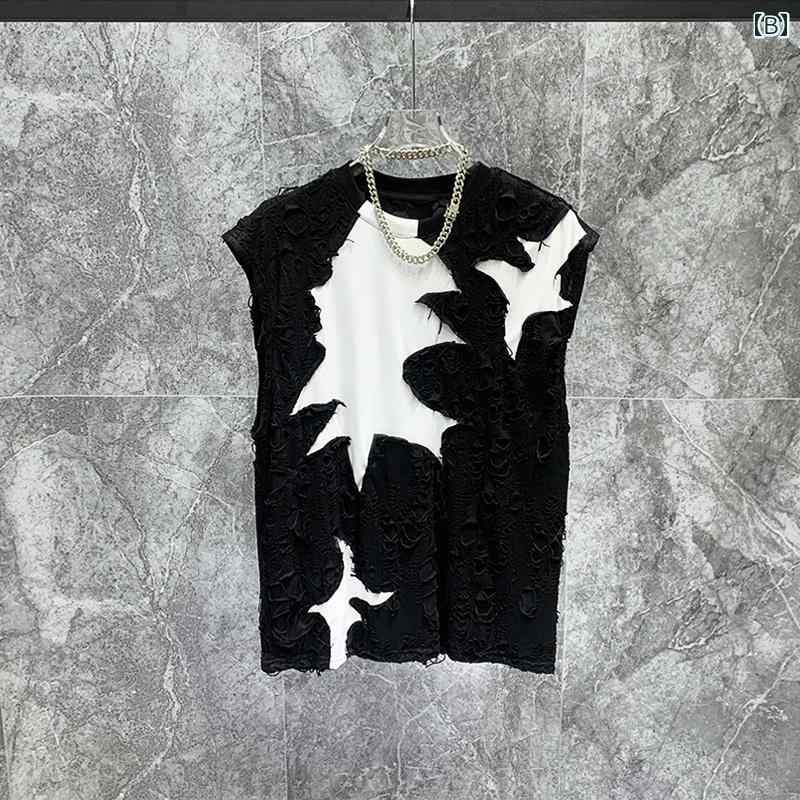 夏 ストリート ノースリーブ Tシャツ メンズ カジュアル トップス ラウンドネック プルオーバー 個性 薄手 涼感 ゆったり 穴 ストリート