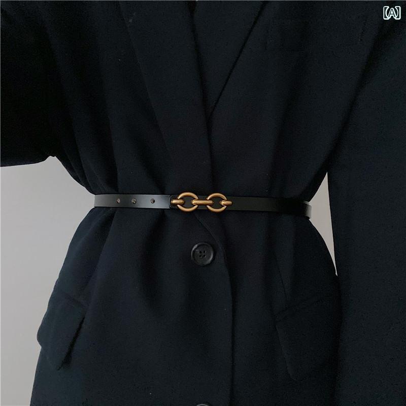 レザー ベルト ダウン ジャケット スーツ スカート ウール コート 細い ガードル 汎用性 小さい 黒 細め 女性用 レトロ レザーベルト