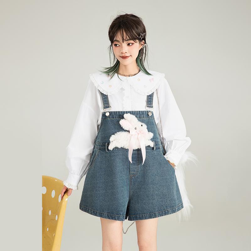 レディース ファッション サロペット パンツ オーバーオール つぎ ウサギ かわいい レトロ デニム 秋 ゆったり ワイド ショート丈 ブルー