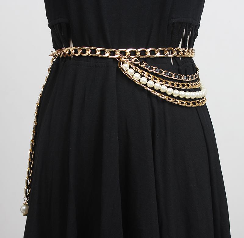 レディース パールラインストーン 多層 ウエスト チェーン メタルチェーン タッセル 装飾 細 金属 ベル..