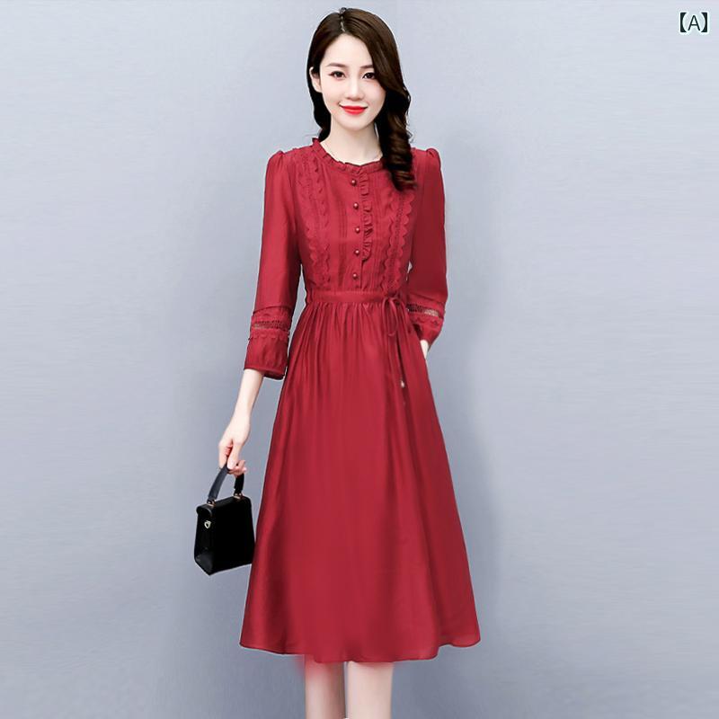 ウェディング 赤 ドレス レディース 春夏 西洋 高貴 お母さん ワンピース お呼ばれ 7分袖