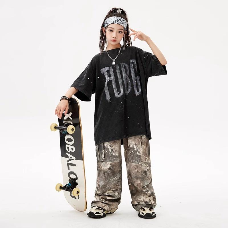 子供 ジュニア ストリート ファッション 迷彩 カモフラ パンツ ゆったり 半袖 セットアップ オーバーサイズ ダンス パフォーマンス 衣装 カジュアル クール イベント アウトドア