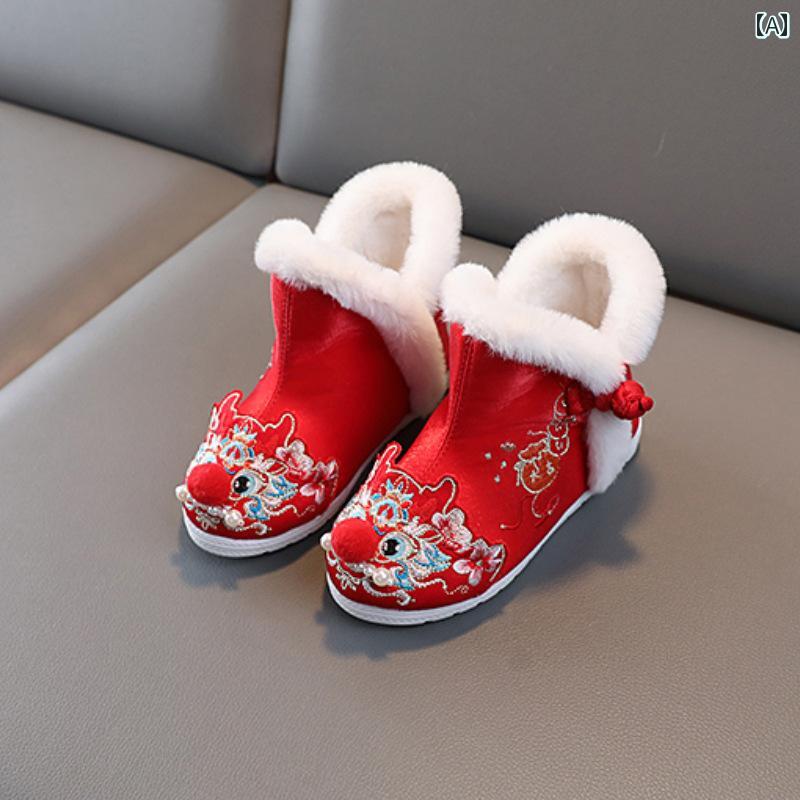 子供靴 かわいい メリージェーン シューズ ベビー キッズ 歩きやすい 女の子 漢服 靴 子供用 古風 刺繍入り 馬顔スカート 赤ちゃん レトロ スタイル ベルベット プリンセス 唐 スーツ 冬