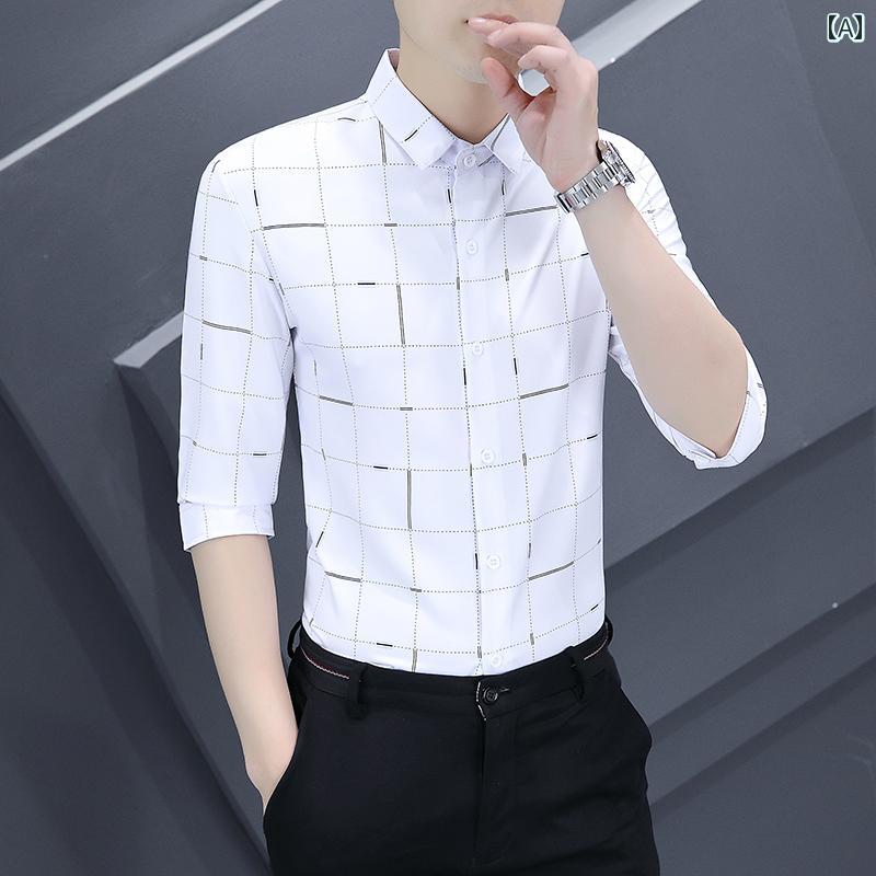 メンズ シャツ トップス スタイリッシュ 涼しげ シャツ 七分袖 夏 ノーアイロン 薄手 チェック柄 中袖 韓国 スリム 半袖 スリム