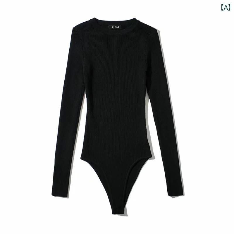レディース ファッション 秋冬 小さい ラウンドネック ニット ジャンプ スーツ 長袖 アメリカン インナー スリムフィット ボトム シャツ トップス