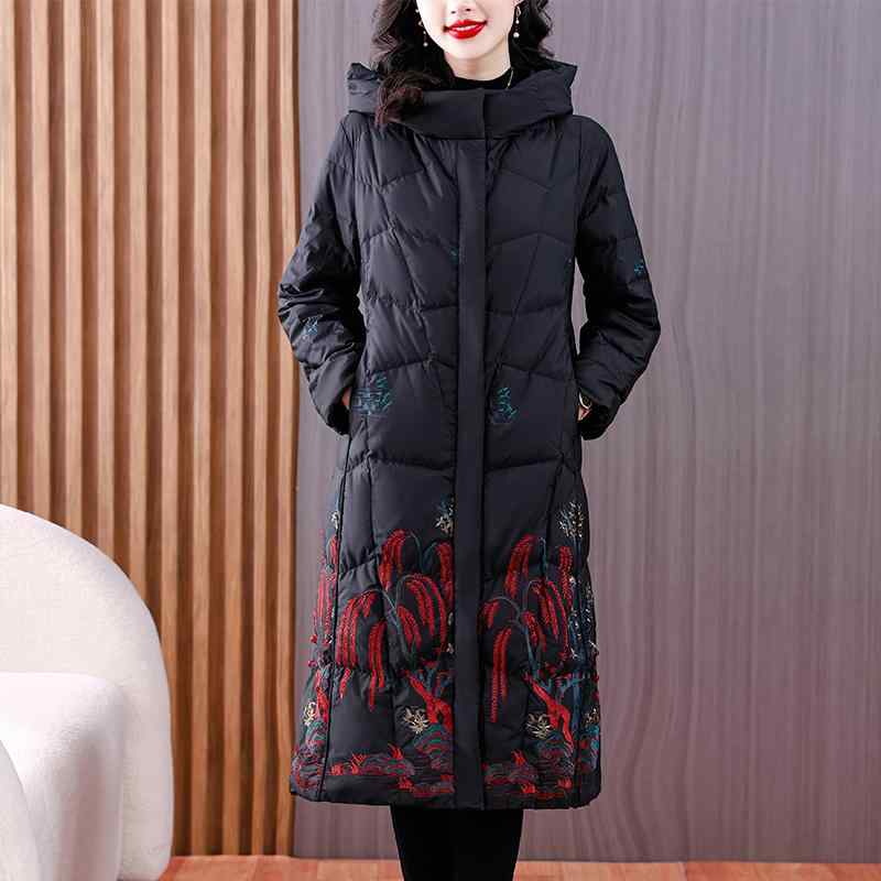 Women's Down Jacket Coat - Warm, Casual, Everyday Wear, Winter, Mid-Length, Hooded, White Duck Down, High-End, Embroidered, Clothing