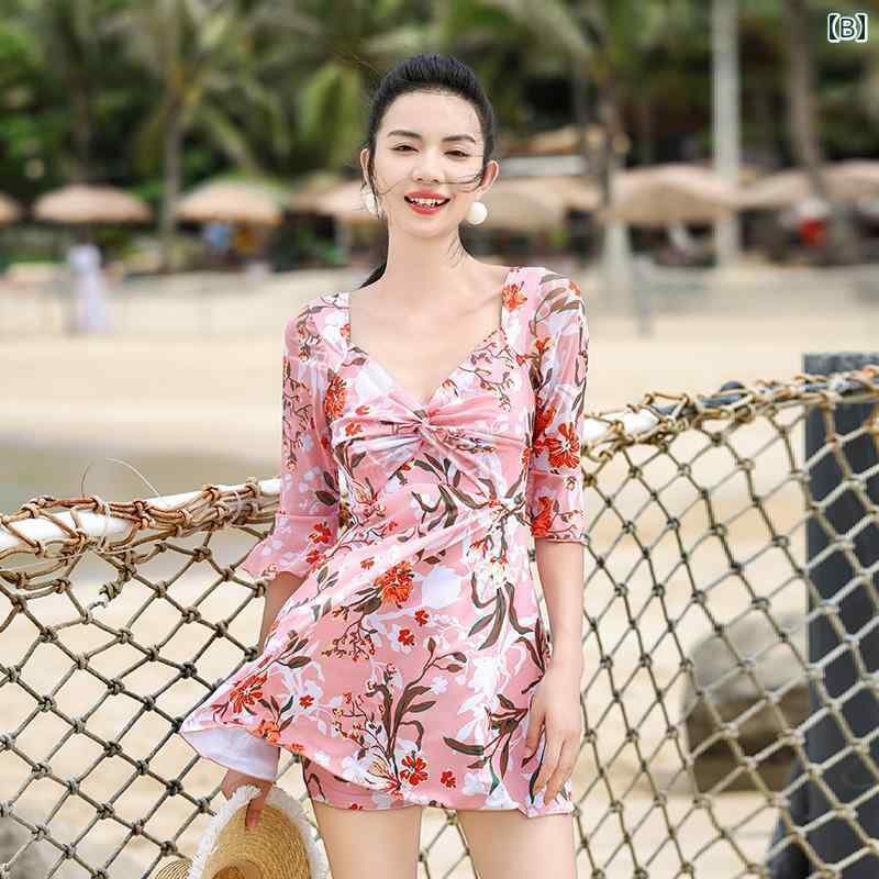 水着 おしゃれ 洋服見え 体型カバー レディース スリム ワンピーススカート 休日 海辺 温泉 旅行 プール リゾート ビーチ レジャー フラワープリント ミディアムスリーブ