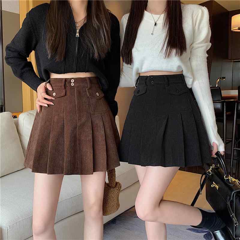 Corduroy - スカート レディース 秋 冬 コーデュロイ 韓国 若々しい プリーツ 大きいサイズ ハイウエスト レトロ 着痩せ 小柄 着痩せ aライン