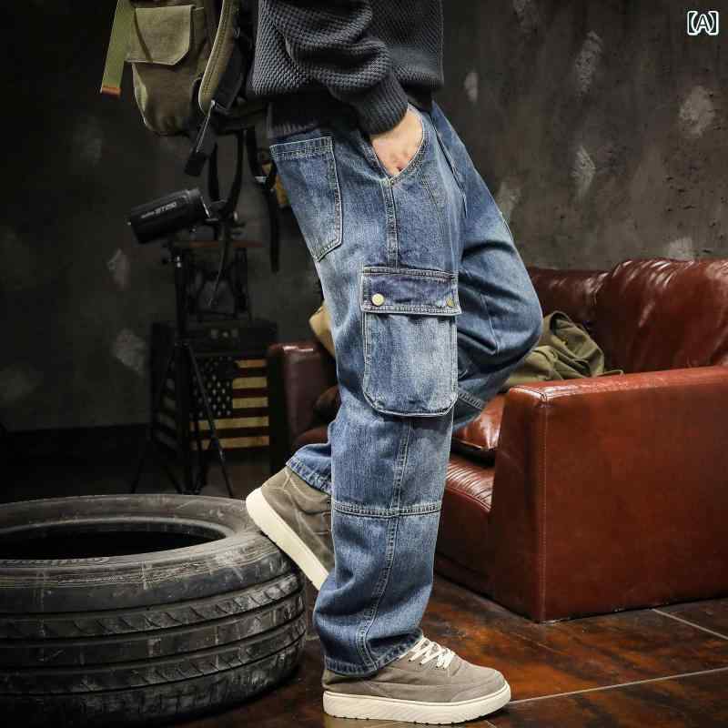 カジュアル パンツ メンズ メンズ 長ズボン ロング ボトムス 春秋冬 アメリカン ストレート レトロ デニム ウォッシュド ジーンズ ややストレッチ性 レジャー ワーク ゆったり ビッグポケット装飾 ステッチ装飾 ボタン装飾
