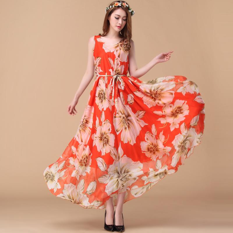 夏 ファッション おしゃれ ビーチ ドレス レディース 夏 海辺 休暇 シフォン 花柄 ドレス ノースリーブ スイング ボヘミアン ロング ドレス 大きいサイズ