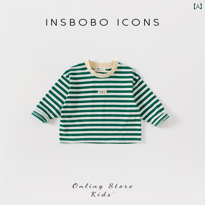 シャツ トップス ボーイズ 春 赤ちゃん コントラスト ストライプ Tシャツ カジュアル 長袖 韓国 春秋 ..