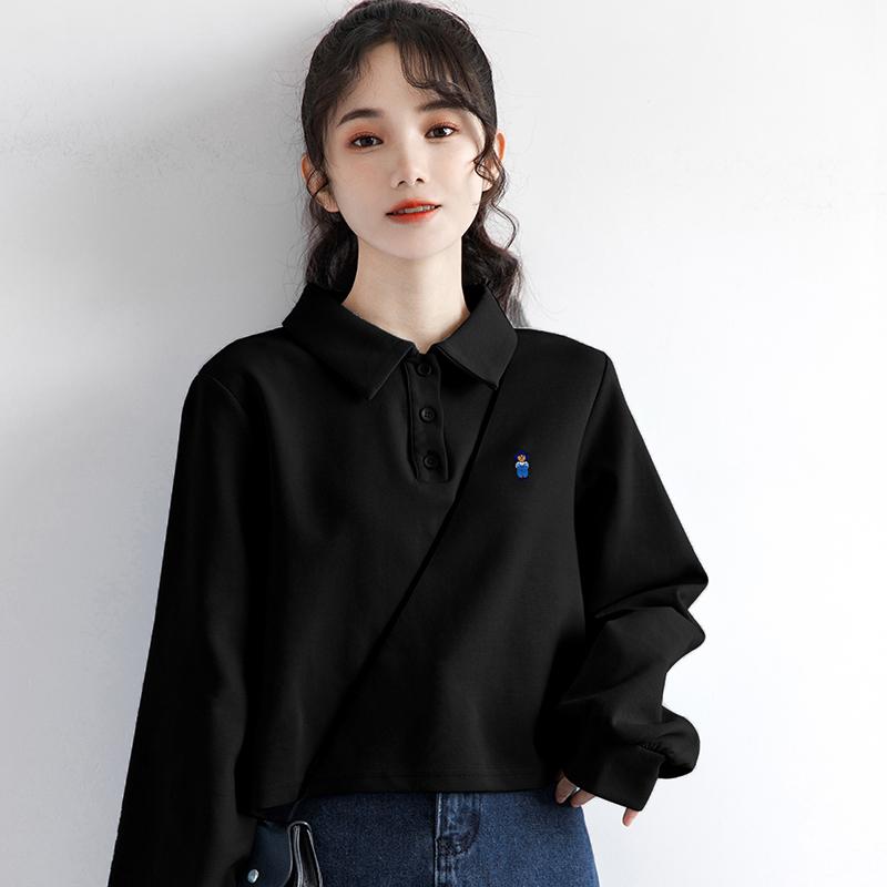 レディース 春 カジュアルポロシャツ カレッジ ポロシャツ 黒 長袖 Tシャツ 春秋 ショート トップス かわいい ショート丈