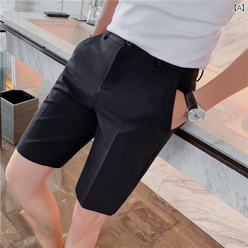 Short, Half Pants - メンズ カジュアル パンツ ショート サマー スーツ ショーツ 五分丈 冷感 ハイエンド アイロン 不要 薄手 スリム ミッド