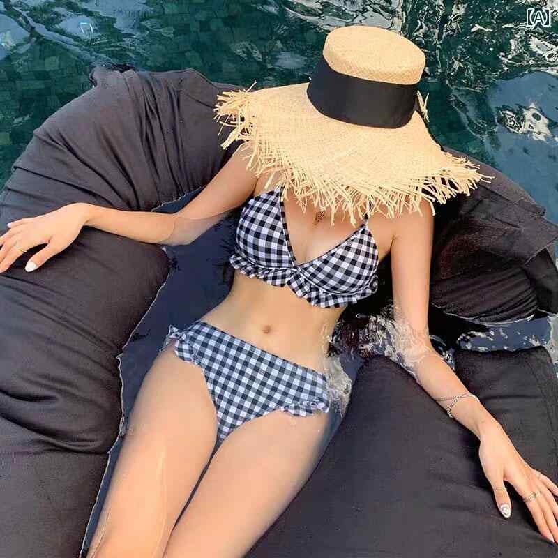 レディース 夏 ビキニ かわいい 水着 ガーリー ビーチ プール おしゃれ リゾート 旅行 サマー レジャー 海水浴 大人 学生 フェミニン 三角 チェック柄 バストアップ スリム セパレート スパ