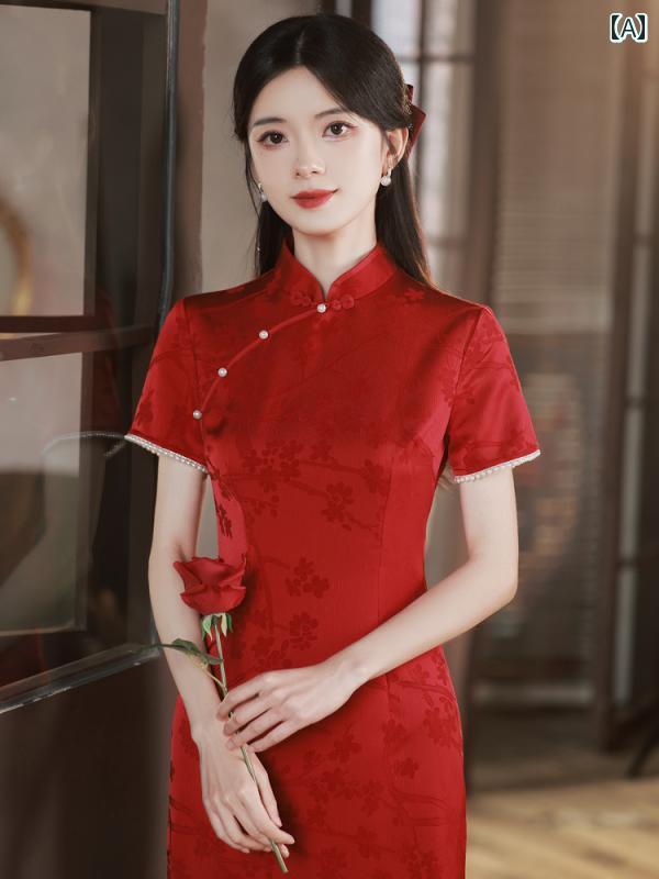 China Dress - チャイナ ドレス 美しい 清潔感 中華風 レトロ 赤い 花嫁 乾杯 服 ハイエンド 覚 婚約 ウェディングドレス ガール
