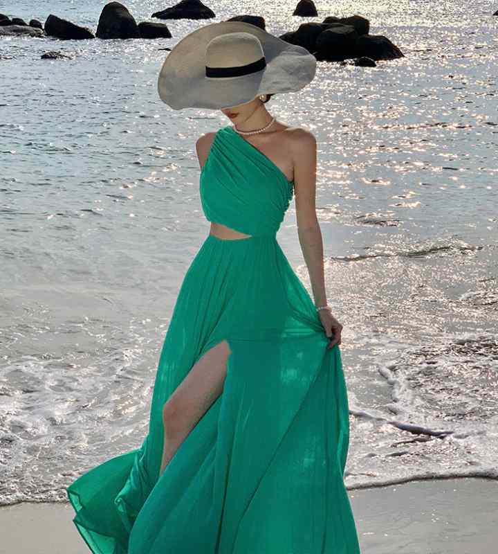 夏 ファッション 中国風 おしゃれ 海辺休暇 ユニーク 美しい ロング ドレス フレンチ 斜め肩 ドレス 夏