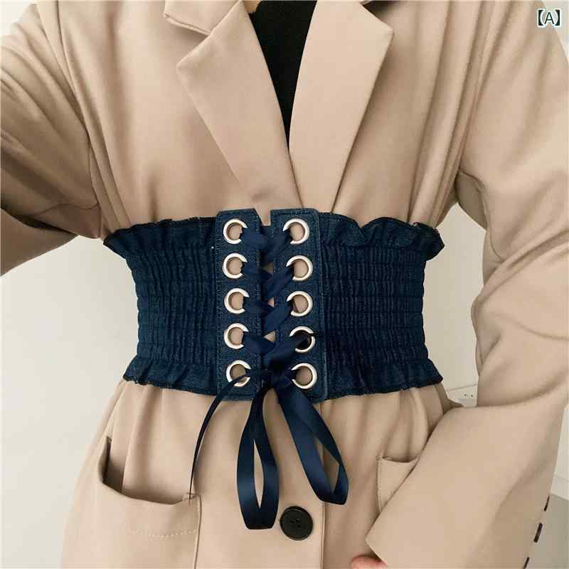 レディース ベルト ワイド 女性用 ハイエンド ネイビーブルー 幅広 レトロ 伸縮性 ウエスト バンド ドレス スーツ ジャケット