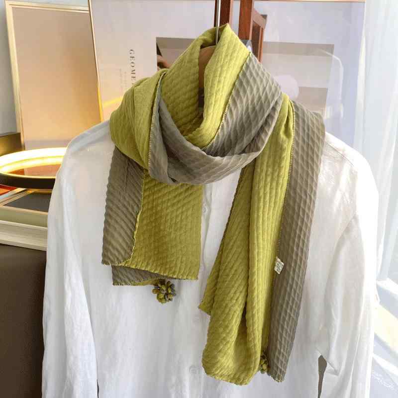 レディース コットン 秋 春 スカーフ 薄手 2色 2層 カラー ブロック リネン ガーゼ スカーフ 無地 文学..