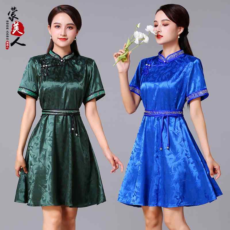 モンゴル ドレス 夏 スタンドカラー プレート ボタン エスニック ファッション 丈 ローブ スカート 現代 ファッション ライフウェア