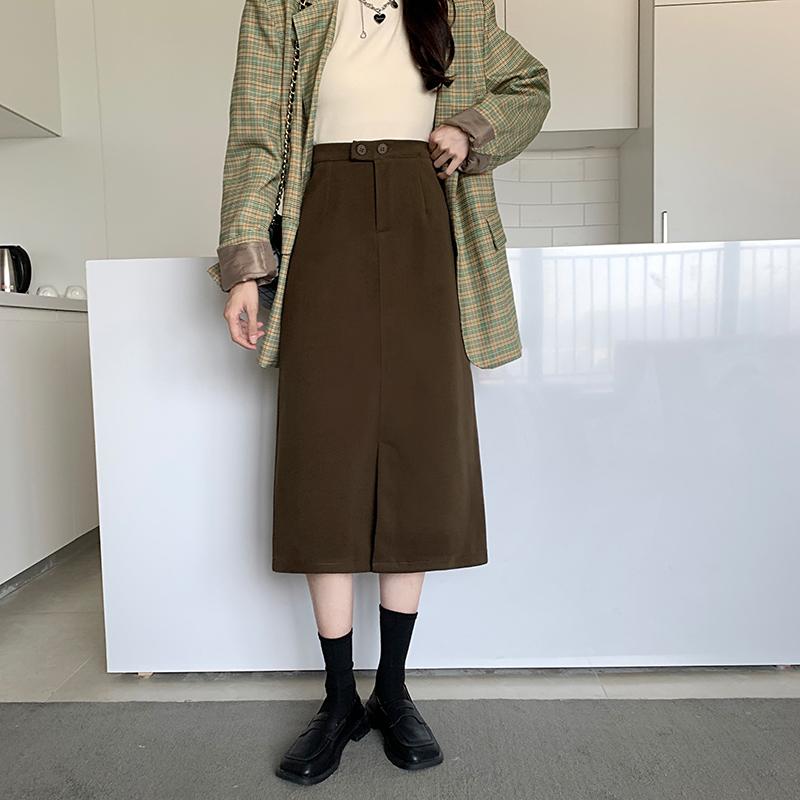 スカート レディース 秋 冬 ウール ハイウエスト 大きめ サイズ コーヒー カラー スリム ミドル丈 aラ..