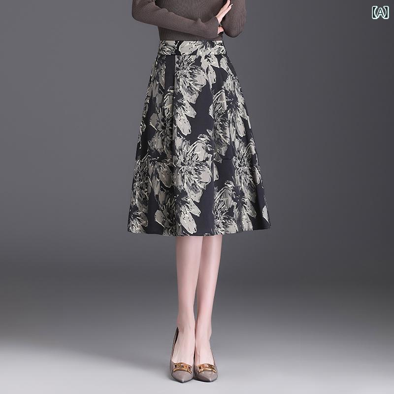 レディース 春秋 ジャカード ミモレ丈スカート Aラインスカート オフィスカジュアル 婦人服 柄物 ハイウエスト 丈(4.0)