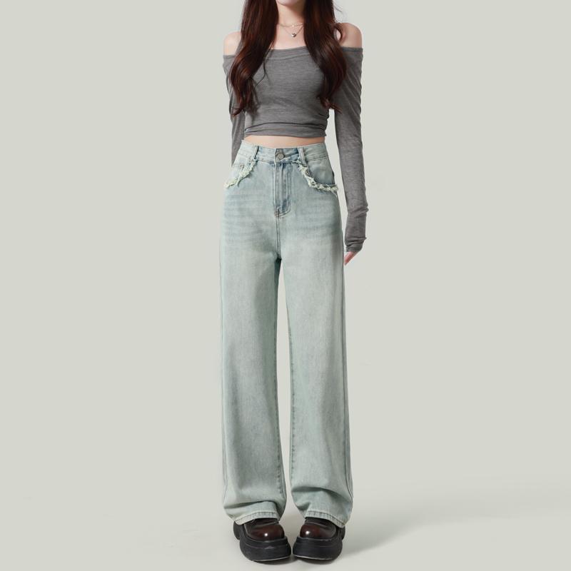 Straight Jeans - パンツ デニム レディース 春夏 女性用 ハイウエスト ストレート ワイド レッグ ロー エッジ 汎用性 フロア レングス ジーンズ