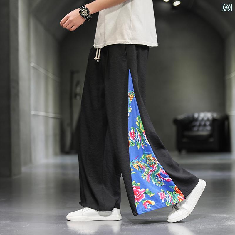 メンズ カジュアル 夏 パンツ 中華風 レトロ スプライシング 漢服 スカート 大きいサイズ ワイド レッグ 九分丈