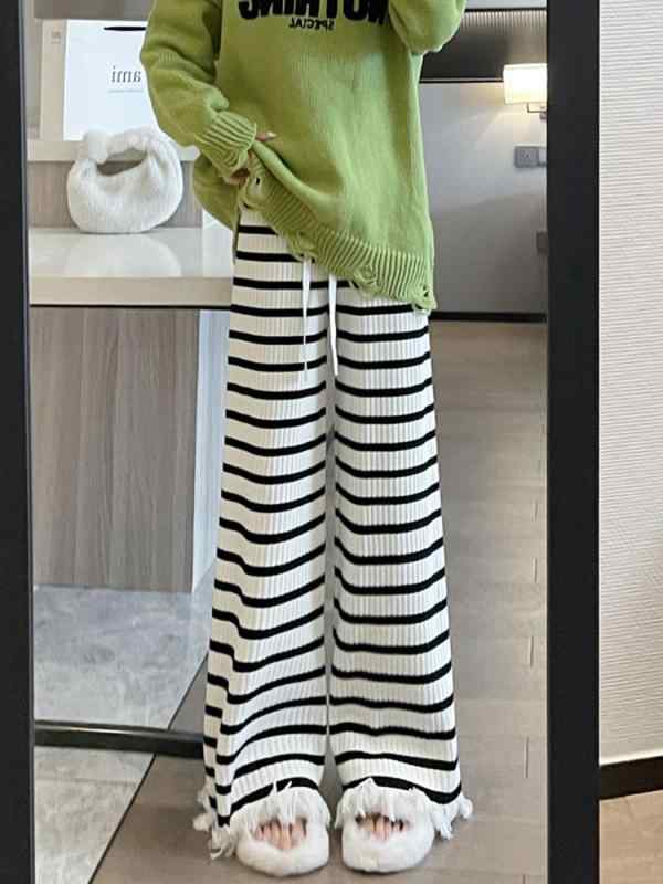 パンツ レディース 秋 冬 カジュアル ニット ボトムス ストライプ ソフト ワックス ハイウエスト ワイ..