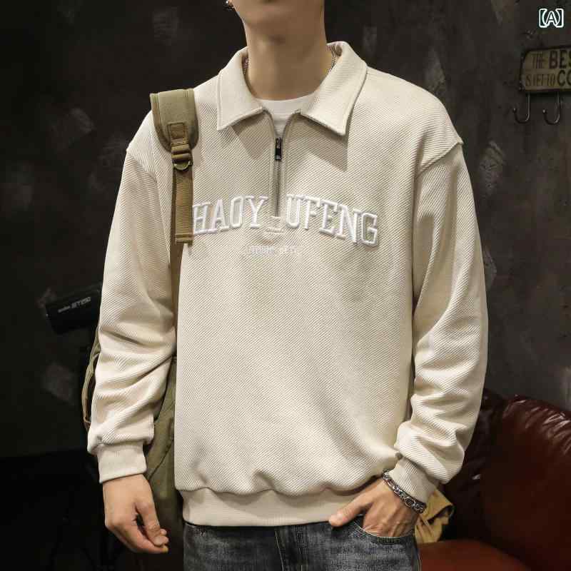 メンズ カジュアル ポロシャツ アメリカン ストリート ゆったり アメリカ 刺繍入り ハーフ ジップ スウェットシャツ 男性用 春秋用 オフ ホワイト 大きいサイズ ジャケット
