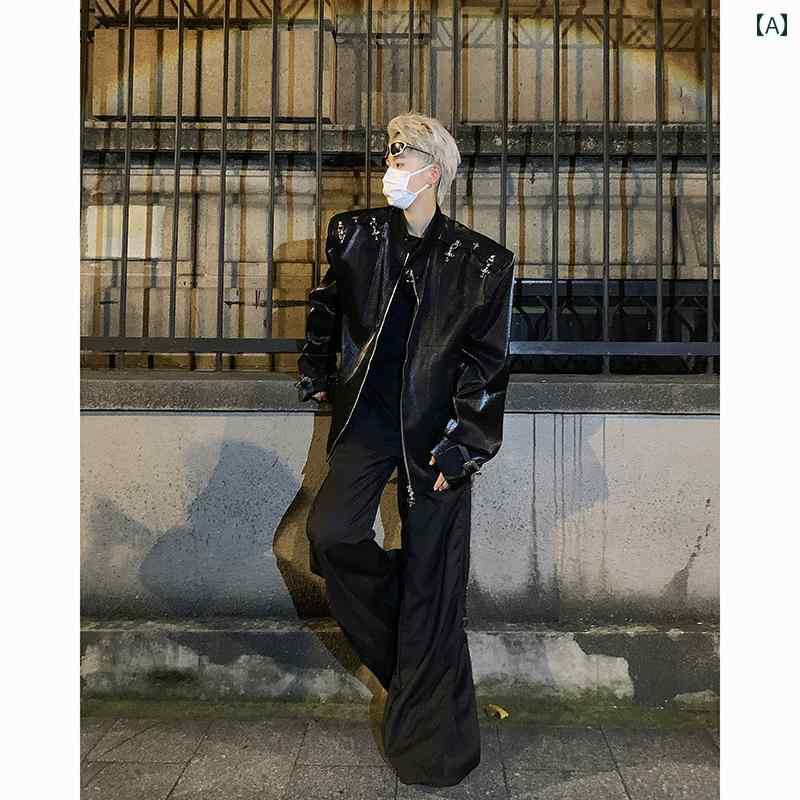 メンズ ジャケット かっこいい 男性 春秋 液体 金属 航空 機 バックル ショルダーパッド 光沢 スーツ ..