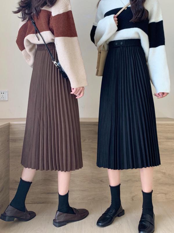 スカート レディース 秋 冬 カジュアル ウール プリーツ ドレープ ハイウエスト ヒップ カバー aライン ゆったり 大きいサイズ