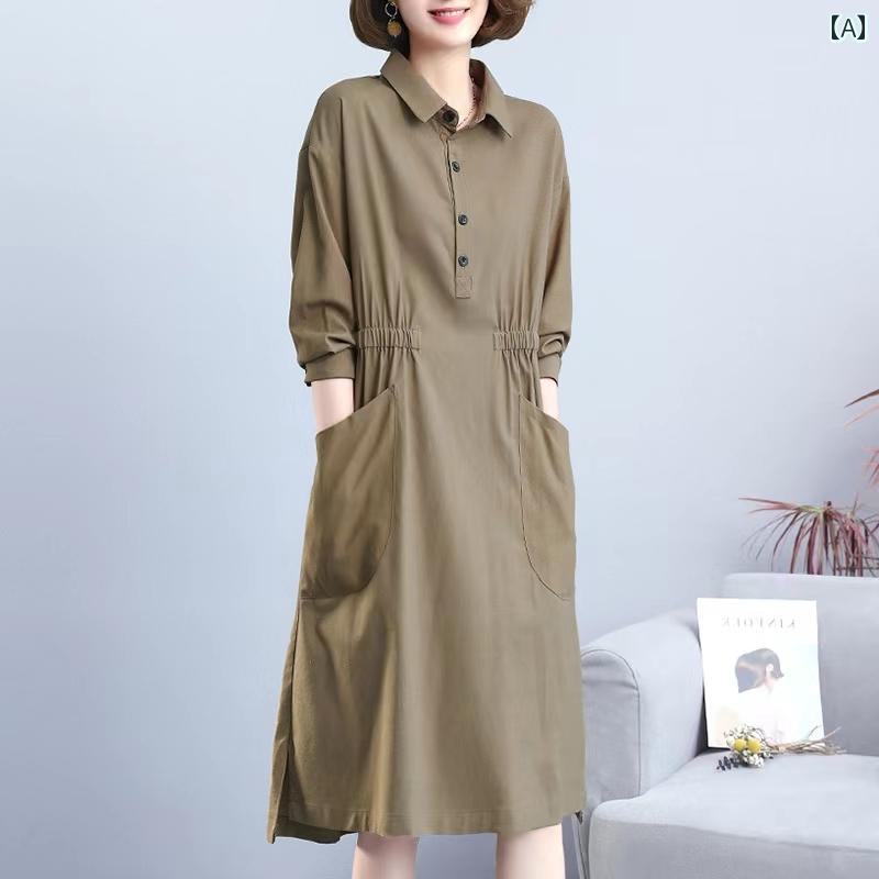 レディース カジュアル ワンピース ゆったり 普段使い マザーズ 母 綿 リネン ドレス 女性 秋服 大きいサイズ ハイエンド ぽっちゃり シャツ スカート
