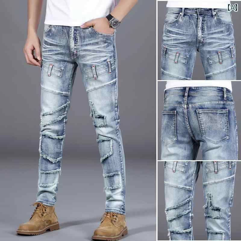 秋 メンズ デニム ダメージ 加工 ジーンズ メンズ オールシーズン通 スリムフィット ロング パンツ カジュアル おしゃれ