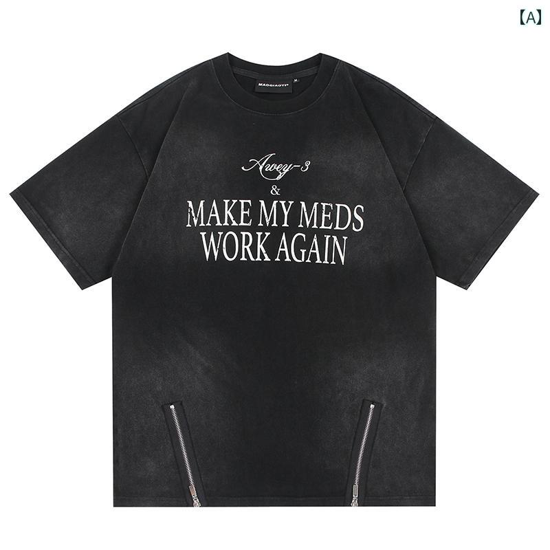 Tシャツ おしゃれ メンズ 半袖 夏 ストリート アメリカン カジュアル 紳士服 メンズ ゆったり トップス レトロ ラウンドネック プリント(4.0)