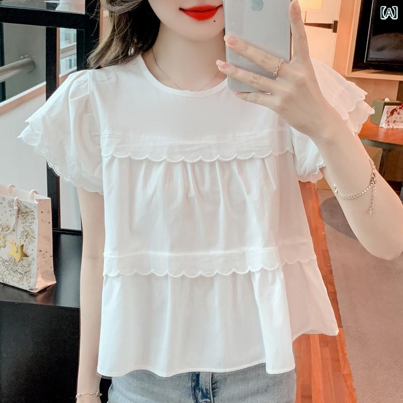 シャツ トップス レディース 半袖 夏 フリル スイート ベビー ドール ゆったり ラウンドネック パフスリーブ