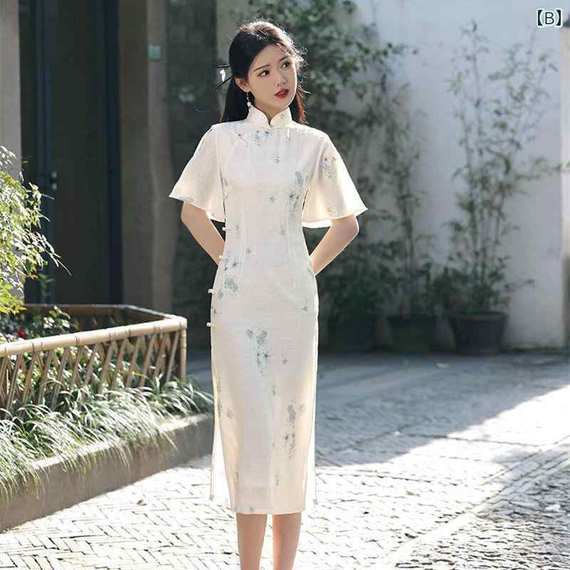 レディース チャイナ ドレス かわいい ワンピース 高級感 蓮葉 袖 エレガント フレッシュ ガールズ 普段使い 日常着
