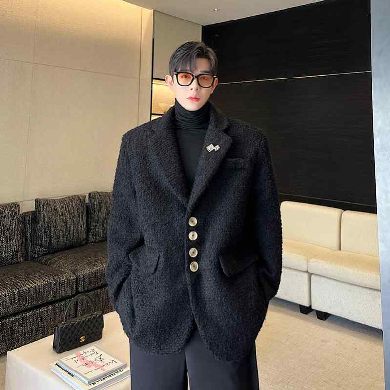 ジャケット メンズ 秋 冬 ウール ハイエンド スーツ ブローチ 装飾 デ ザイン 韓国 肥厚 シルエット