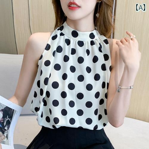 トップス レディース ブラウス 大きい ドット ノースリーブシャツ 夏 肌 カバー オフショルダー ホルターネック 夏 タートルネック ゆったり シフォンシャツ