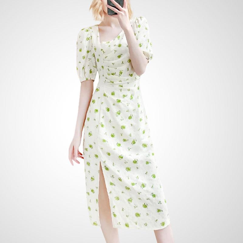 レディース フレンチ ワンピース ドレス ウエスト スリット スカート 上品 清楚 カジュアル かわいい 夏 半袖 プリント エレガント シック 花柄