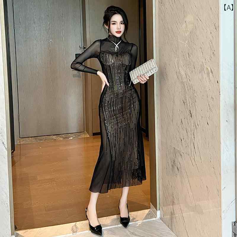 ドレス スカート イブニング レディース フレンチ 黒 魅惑的 早春 女性 ハイエンド 成熟 姉妹 スリムフィット ロング