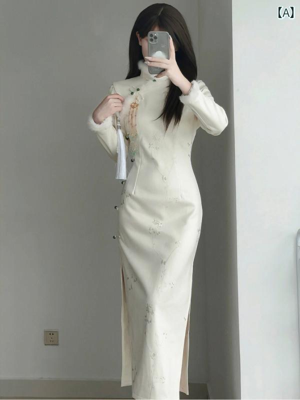 ドレス 冬 長袖 チャイナ 美しい 撮影 衣装 チャイナ ベルベット 厚手 若々しい ガールズ ハイエンド スリム ハイエンド 感覚