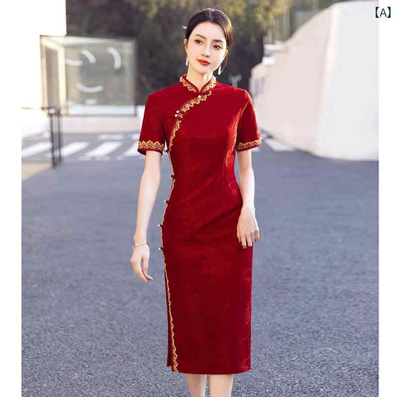 ドレス チャイナ 結婚式 パーティー マザーズ 上品 きれいめ ワンピース レディース 婦人服 赤い 中華風 高級感 ウェディングドレス 服装 洗練 幸せ お母さん 子供(4)