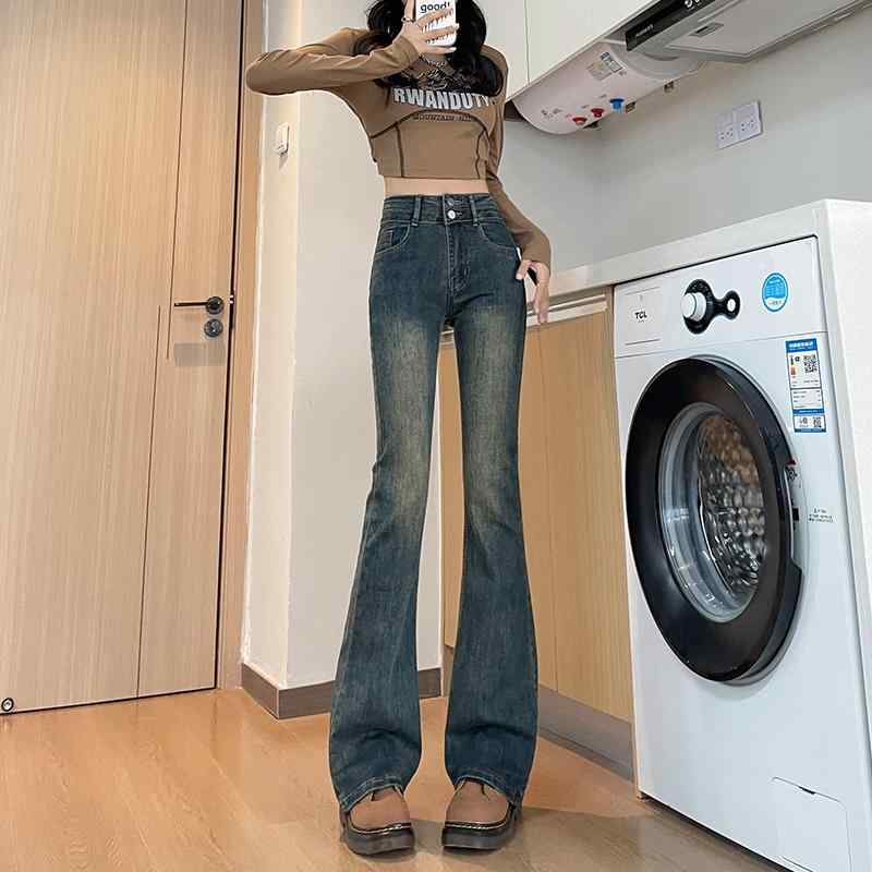 Other - パンツ デニムパンツ レディース アメリカン レトロ セメント グレー マイクロフレア ジーンズ 女性用 春秋 ハイウエスト フロア レングス
