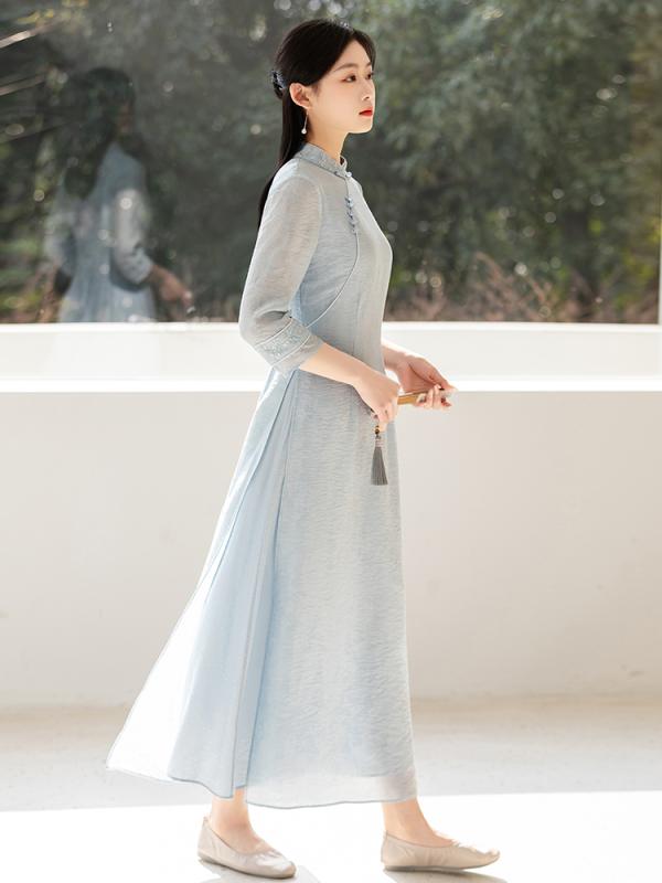 アオザイ チャイナドレス 春夏 中国風 レディース ワンピース レトロ ハイウエスト 瞑想 ロング丈 7分袖 ブルー