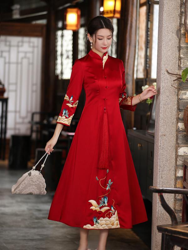 드레스 가을 차이나 민족 의상 레트로 에스닉 롱 중화풍 여성 당장 한복 붉은 차 여성