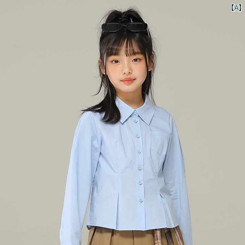 トップス シャツ 子供服 おしゃれ ナチュラル 普段着 キッズ 女の子 春秋 スリムフィット ブルー 子供用 ウエスト ショート 長袖