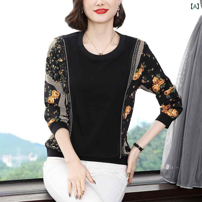 レディース カジュアル トップス シャツ マザー 婦人服 普段使い 秋冬 長袖 ラウンドネック スプライシング 大きいサイズ t 女性 美しい