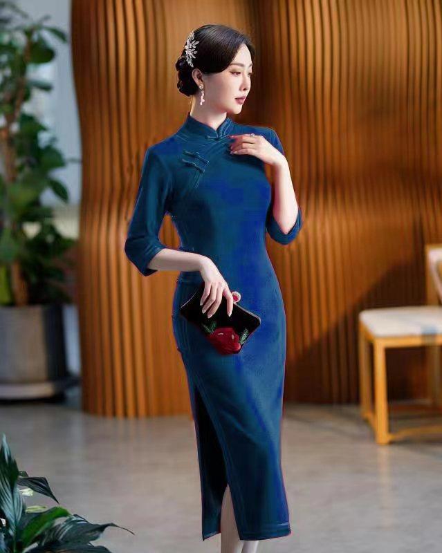 Nightwear - ドレス 秋 冬 ウール チャイナ 美しい 撮影 衣装 ハイエンド オーストラリア 産 ロング スリミング チャイナ 七分袖 洋風 マザー フィット
