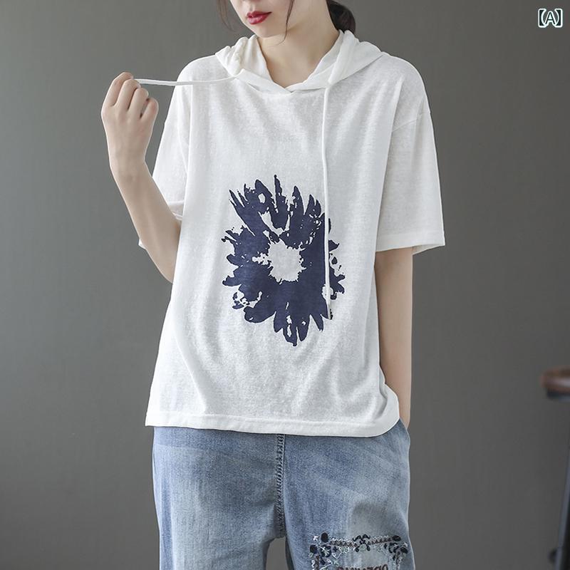 レディース 夏 フード付き T シャツ ゆったり カジャル 快適 普段着 プリント パーカー 半袖 t 若返り トップス