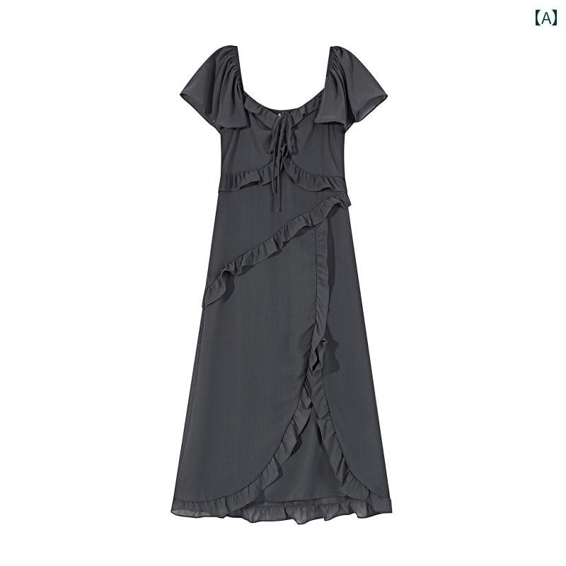 レディース 夏 サマー ワンピース 大人 かわいい ガーリー ワンピ ユニーク エッジ スリットドレス フレンチ ウエスト スリム ロング ..